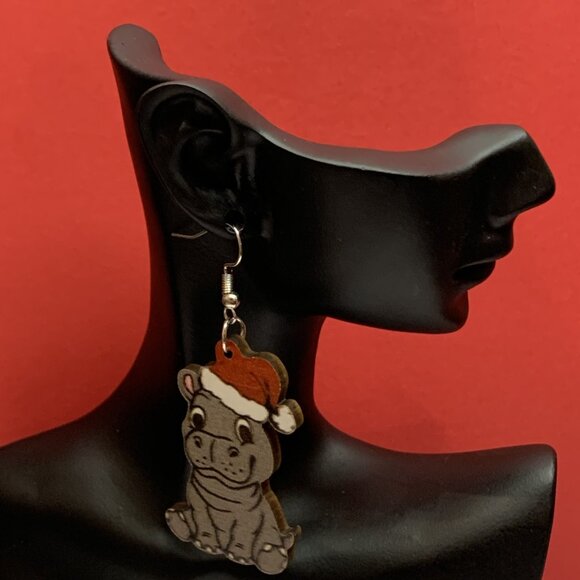 Hippo Earrings, Santa Earrings, Christmas Earrings, Gift Idea, Silly Earrings - Picture 3 of 4